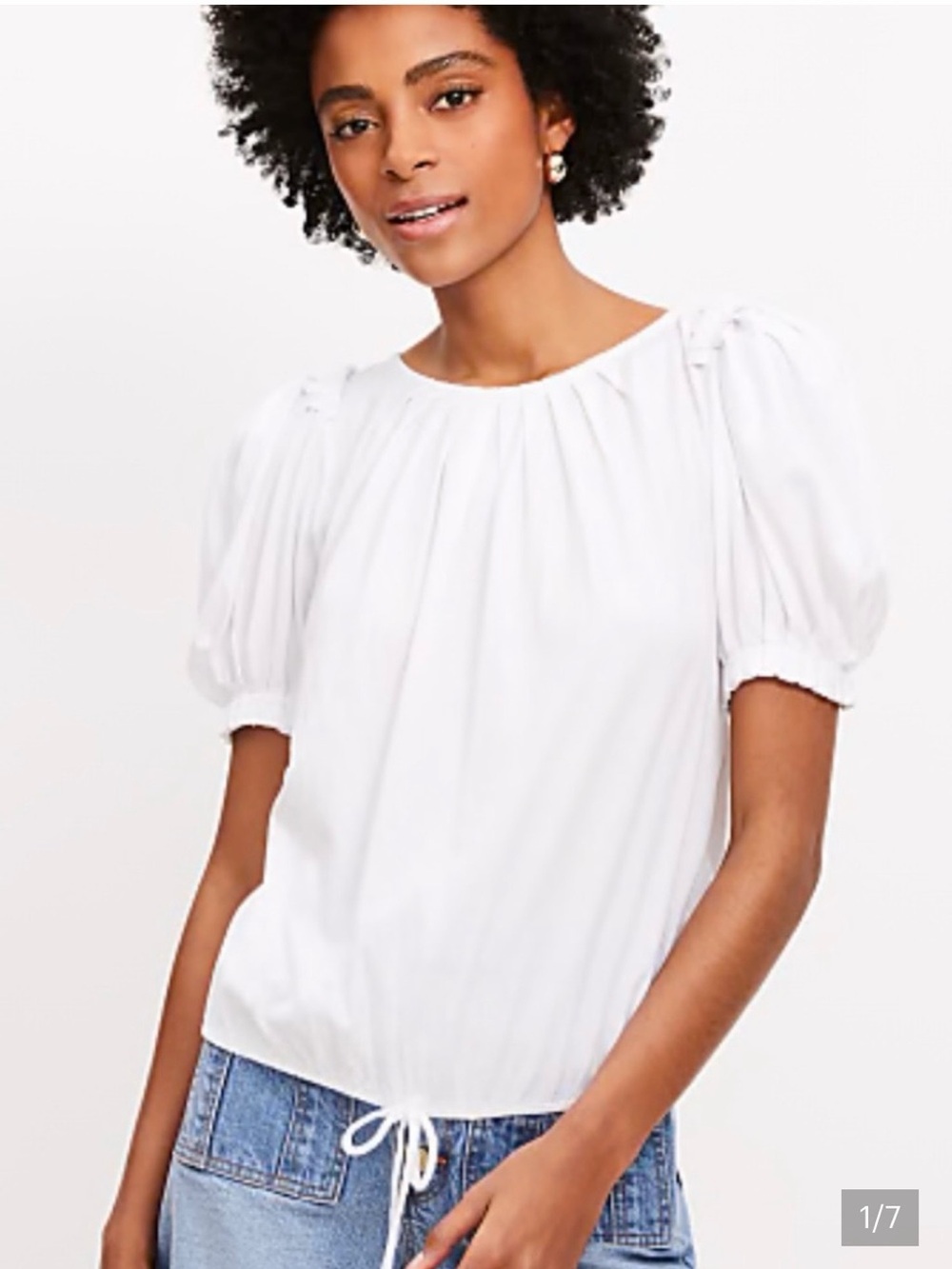 Women's White pleated Puff-Sleeve Drawstring Top